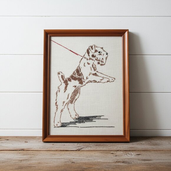 1940s-50s Vintage Framed Terrier Needlepoint Art Wire Fox Terrier Dog Embroidery - Picture 1 of 10